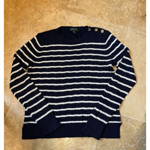 Ralph Lauren Petite M Navy White Striped Cable Knit Sweater Coastal Preppy